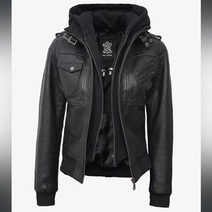Men's Styled Black Hooded Lambskin Leather Jacket with Ribbed Hem